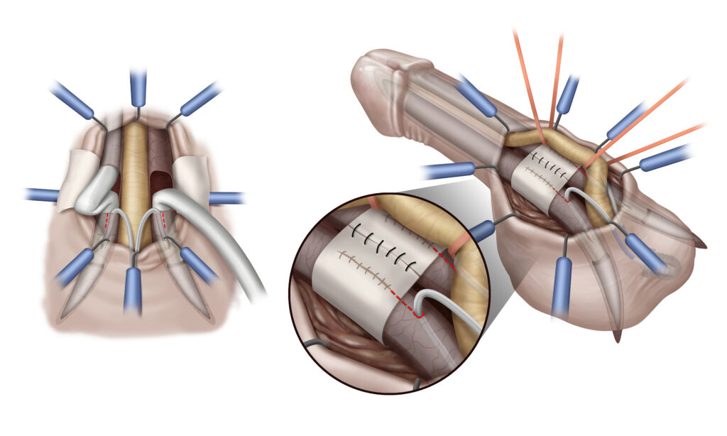 Realizzazione di illustrazione di bendaggio dei corpi cavernosi in seguito a protesi